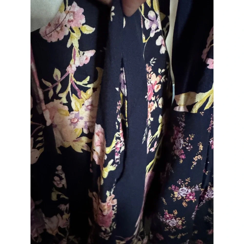Free People Floral Open Back Mini Dress Navy Blue Bell Sleeve Mock Neck Small